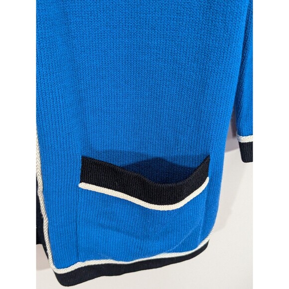 St. John Cardigan Sweater Sz M Open Front Blue Black Trim Santana Knit Pockets - Picture 5 of 8